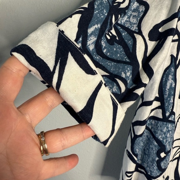 Chicos Navy Linen Blend Navy Black Pattern Open Front Jacket Career Art to Wear - Picture 15 of 15